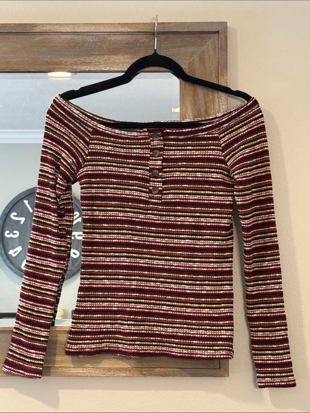 Project Social T Striped Off-Shoulder Long Sleeve Top in Burgundy, Cream, Black